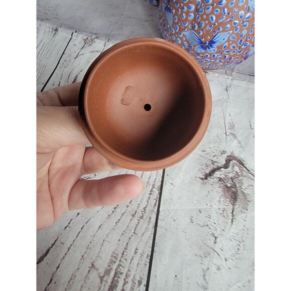 VTG Terra Cotta Clay Handmade Chinese Enamel Blue Butterflies Yixing Teapot 5 In - Picture 5 of 11